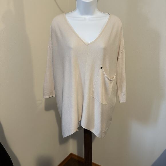 Catwalk Studio Beige Oversized V-Neck Sweater Top S/M Drop Shoulder Pocket - Picture 1 of 4